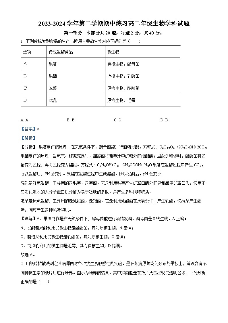 北京市十一学校2023-2024学年高二下学期期中考试生物试题（原卷版+解析版）01