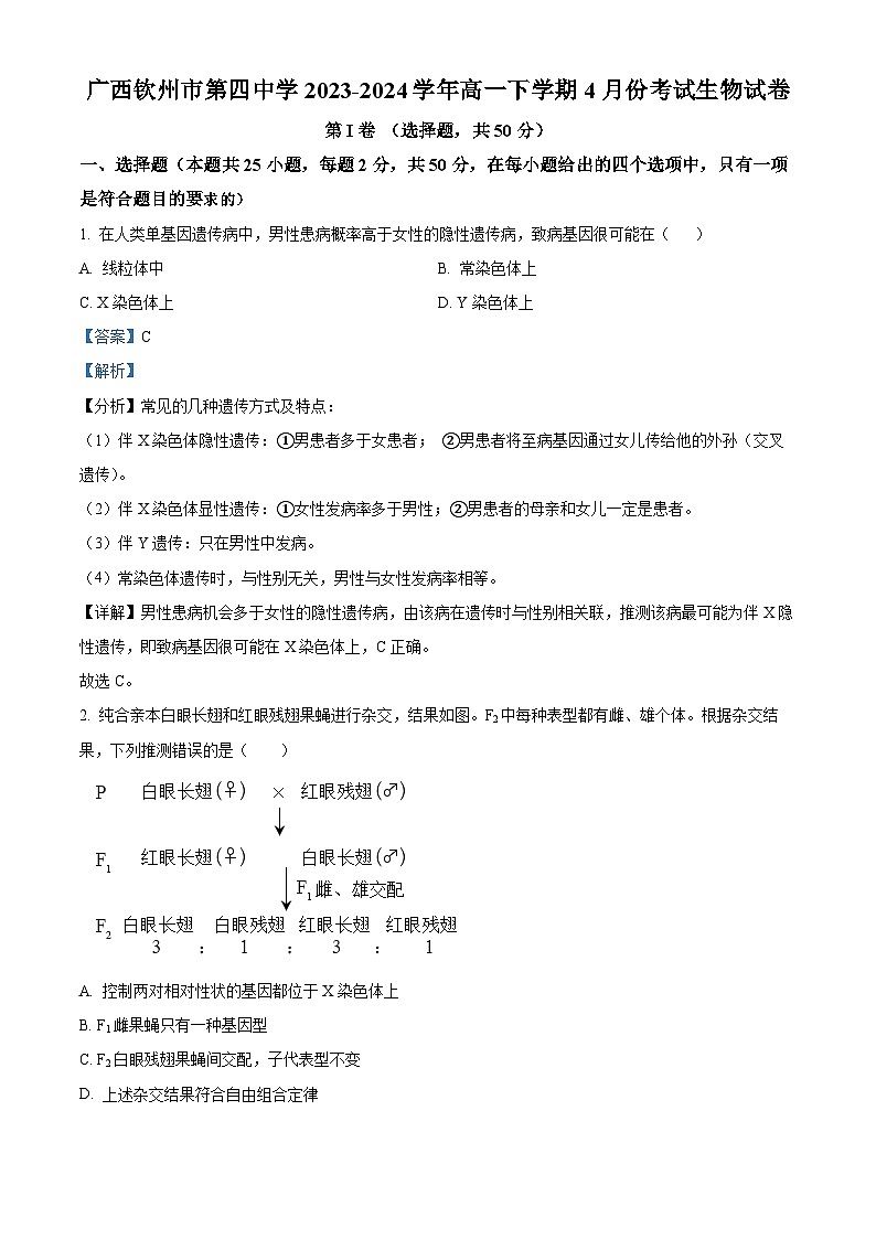 广西壮族自治区钦州市钦南区第四中学2023-2024学年高一下学期4月份考试生物试卷（原卷版+解析版）01