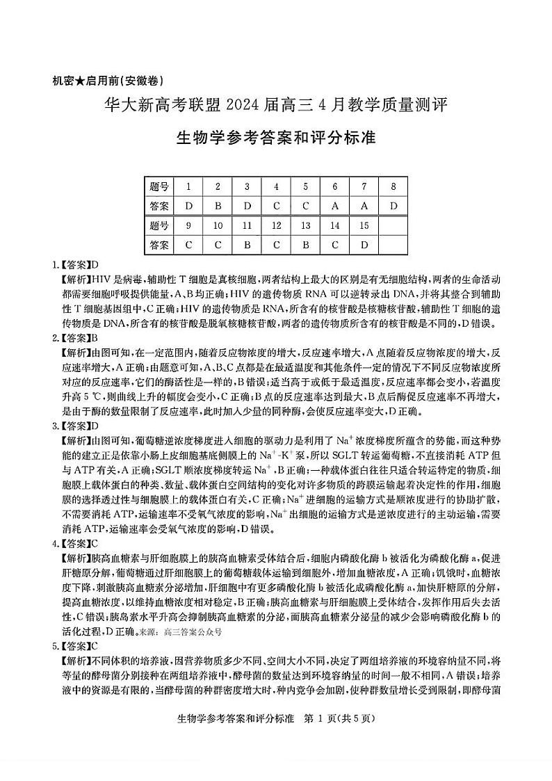 生物学参考答案和评分标准第1页