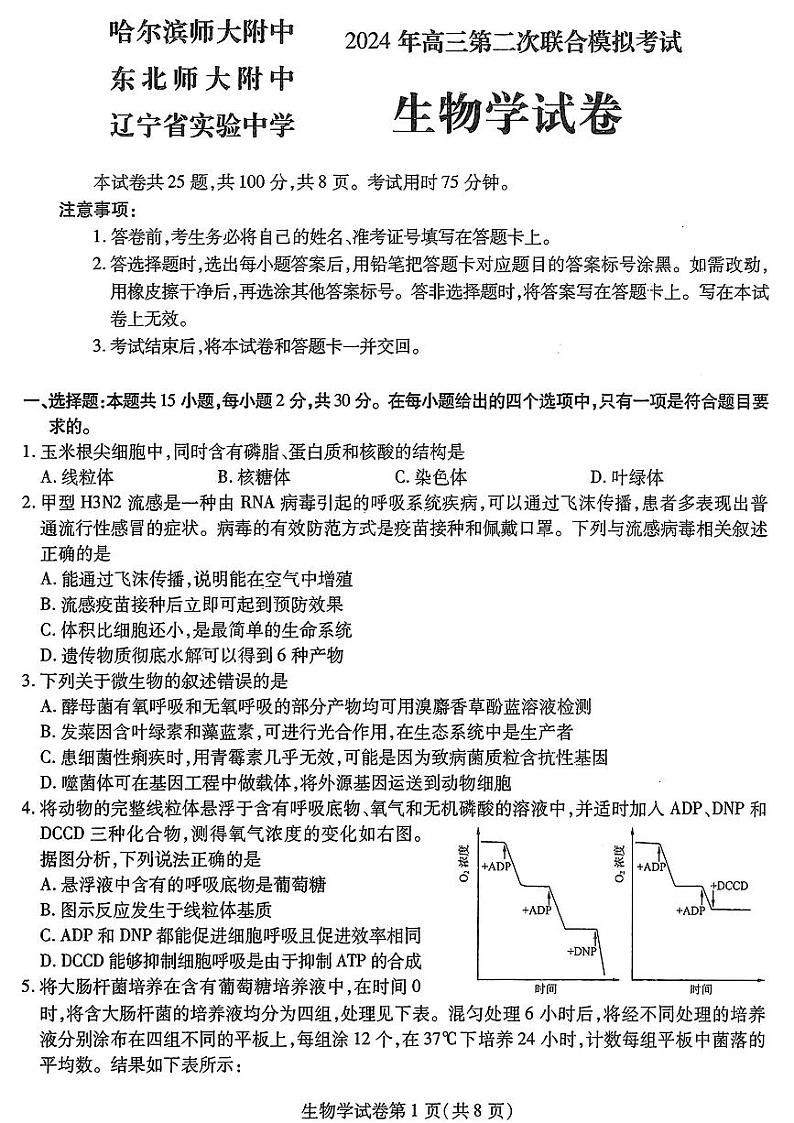 东北三省2024年高三二模考试生物试题第1页