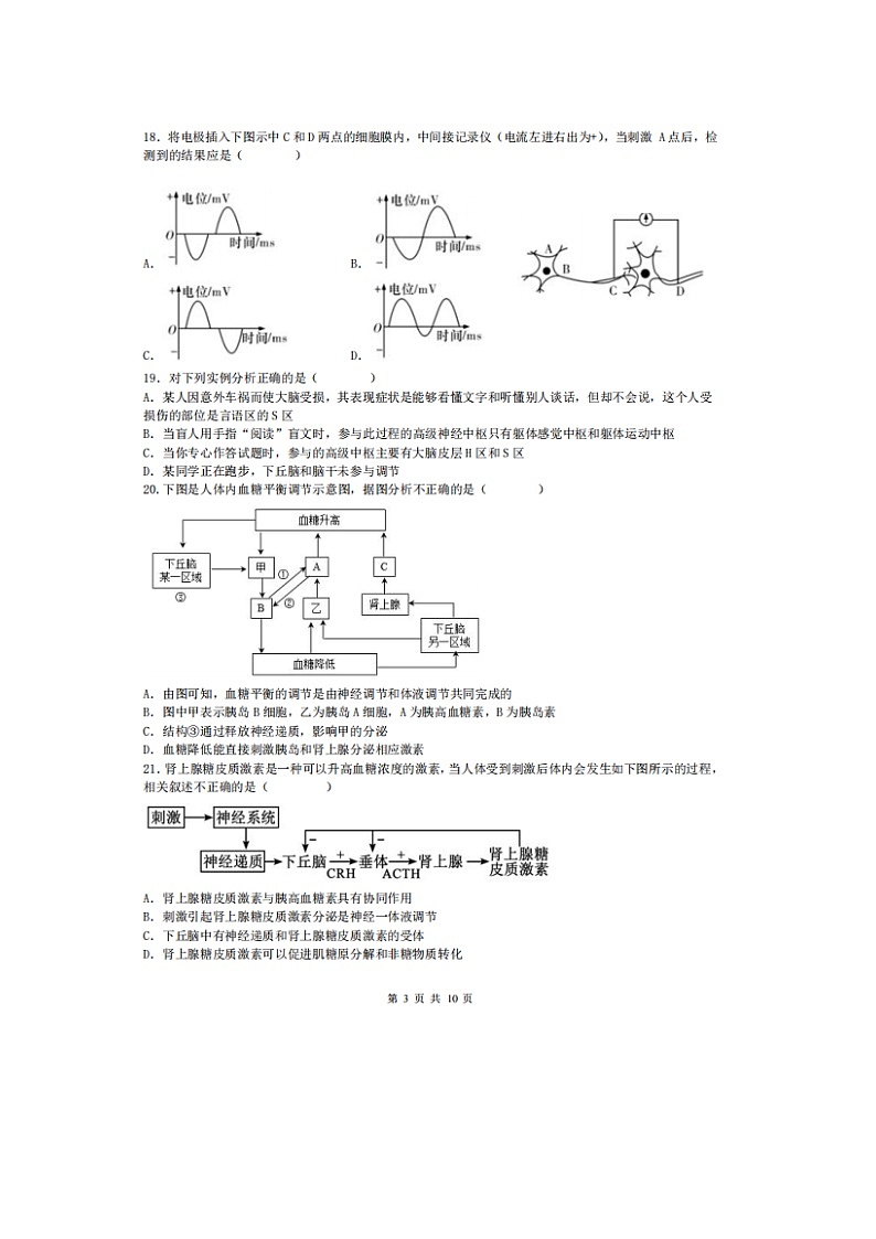 2023届黑龙江省实验中学高二上学期生物期中试题03