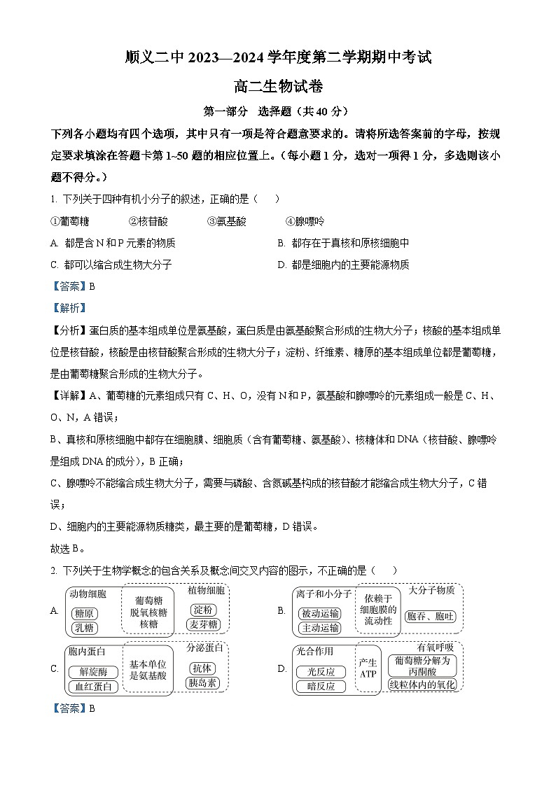 北京市顺义区第二中学2023-2024学年高二下学期期中生物试题（解析版）第1页