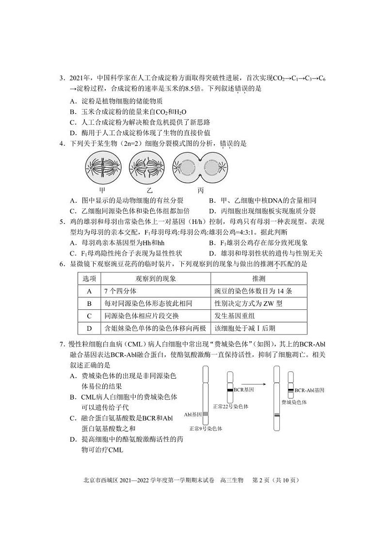 2022北京市西城区高三上学期期末生物试卷及答案02