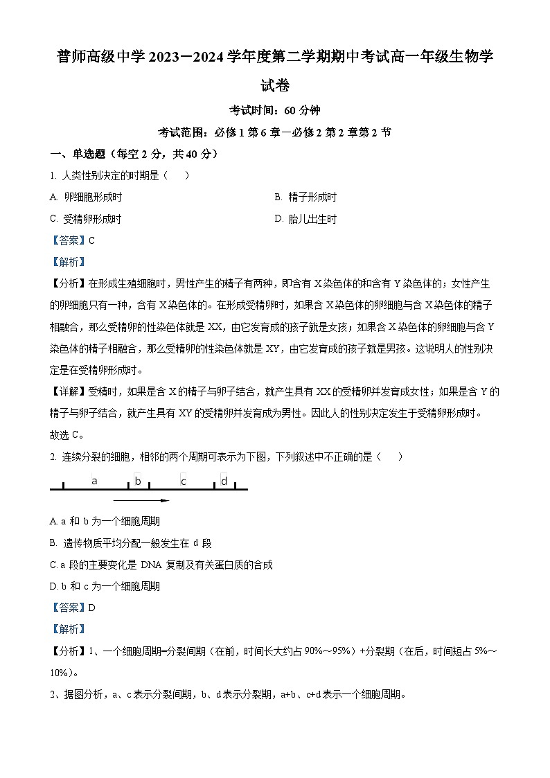 广东省普宁市普师高级中学2023-2024学年高一下学期期中考试生物试题（原卷版+解析版）01
