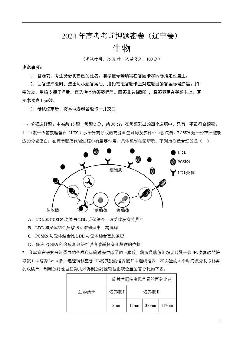 2024年高考考前押题密卷：生物（辽宁卷）（考试版）01