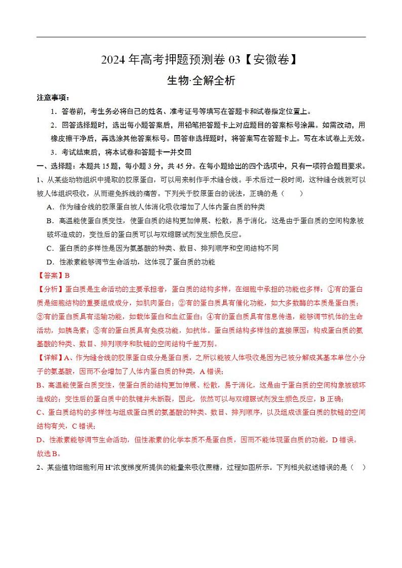 2024年高考押题预测卷—生物（安徽卷03）（解析版）01