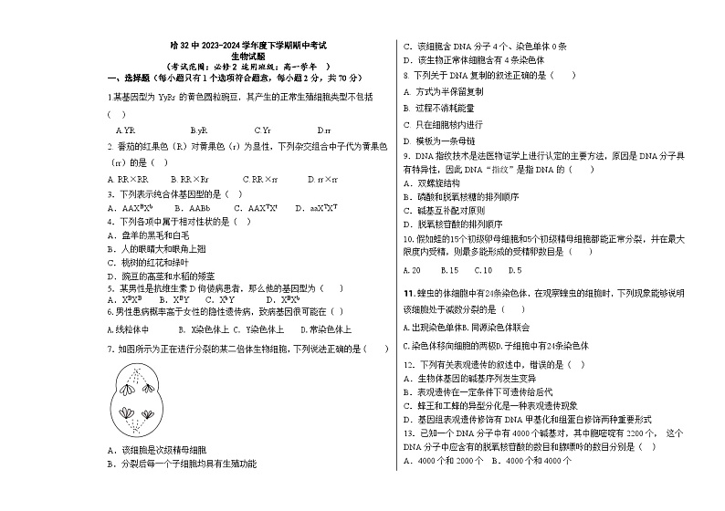 黑龙江省哈尔滨市南岗区哈尔滨市第三十二中学校2023-2024学年高一下学期5月期中考试生物试题01