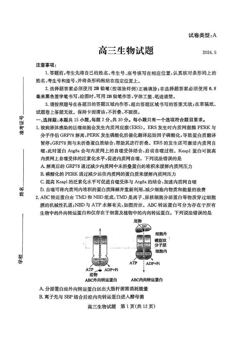 2024届山东省滨州市高三二模生物试题+答案（5月9日滨州二模）01