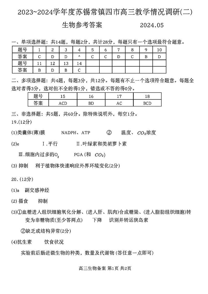 2023~2024学年度苏锡常镇高三教学情况调研（二）生物答案第1页