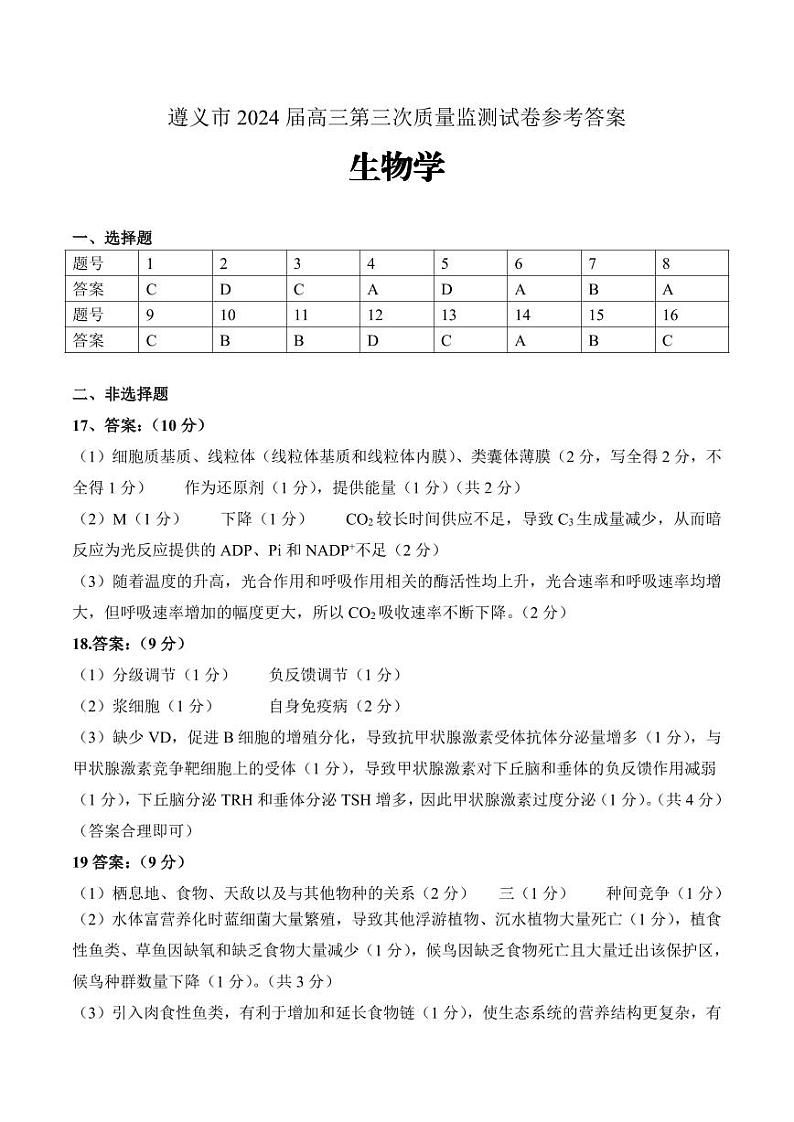 贵州省遵义市2024届高三三模生物试题01