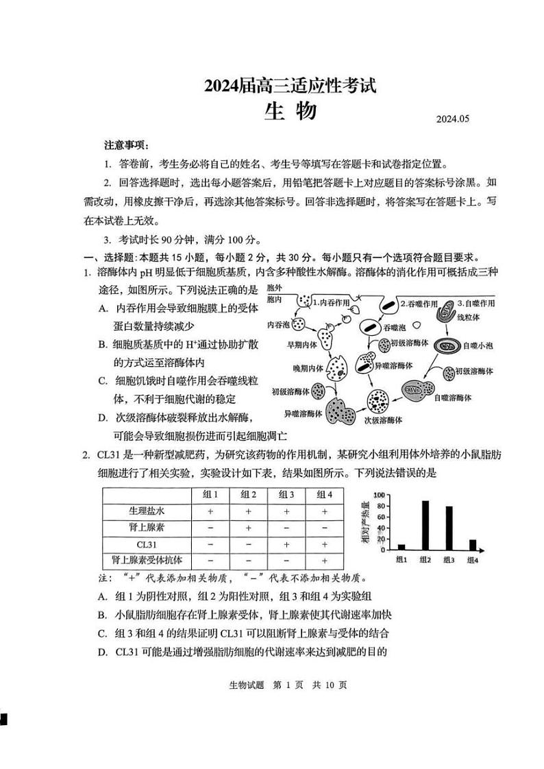 2024届山东省青岛市二模、枣庄市三调高三下学期5月考试生物试题含答案01