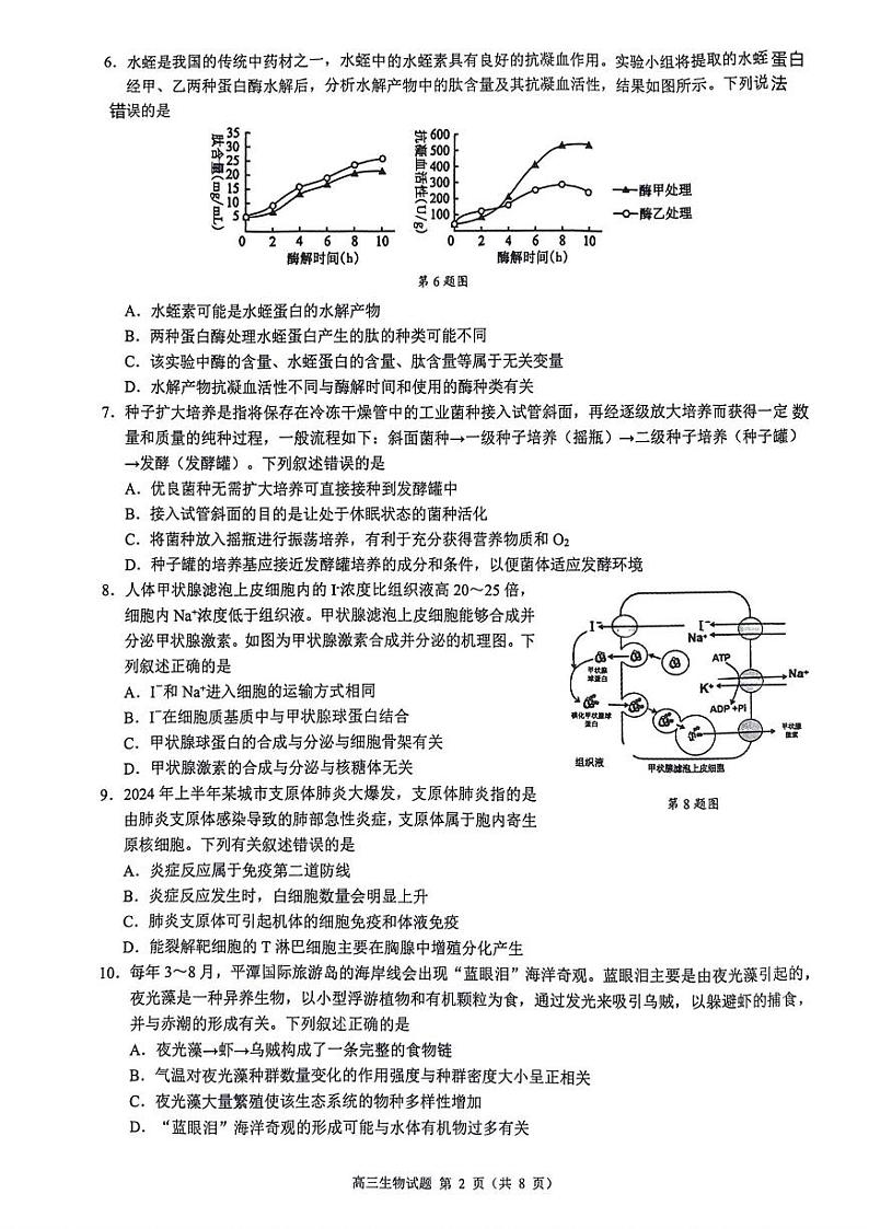 浙江省县域教研联盟2024年5月份高三模拟考试生物试题第2页