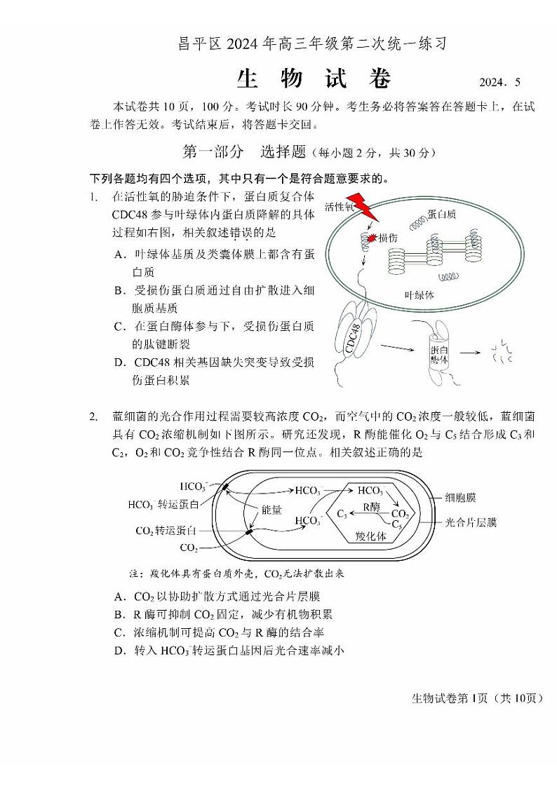 2024北京昌平高三二模生物试题及答案第1页