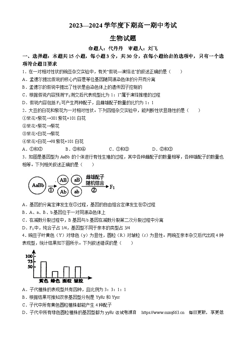 河南省驻马店经济开发区高级中学2023-2024学年高一下学期4月期中生物试题(无答案)01
