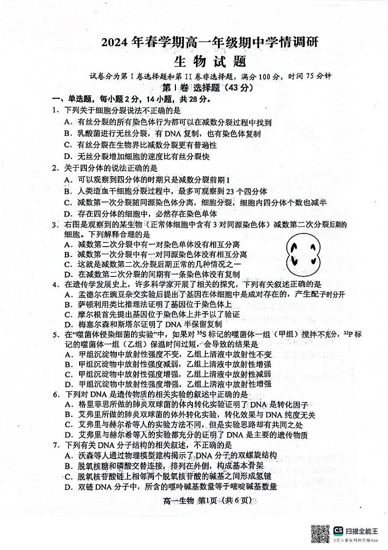 江苏省盐城市阜宁县2023-2024学年高一下学期4月期中生物试题01