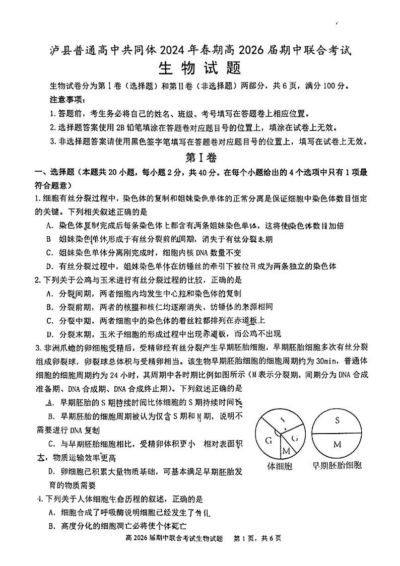 四川省泸州市泸县2023-2024学年高一下学期4月期中生物试题第1页
