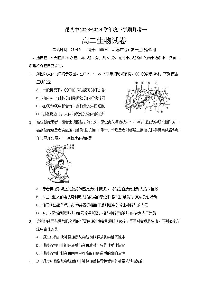 云南省昆明市八中2023-2024学年高二下学期月考一生物试卷01