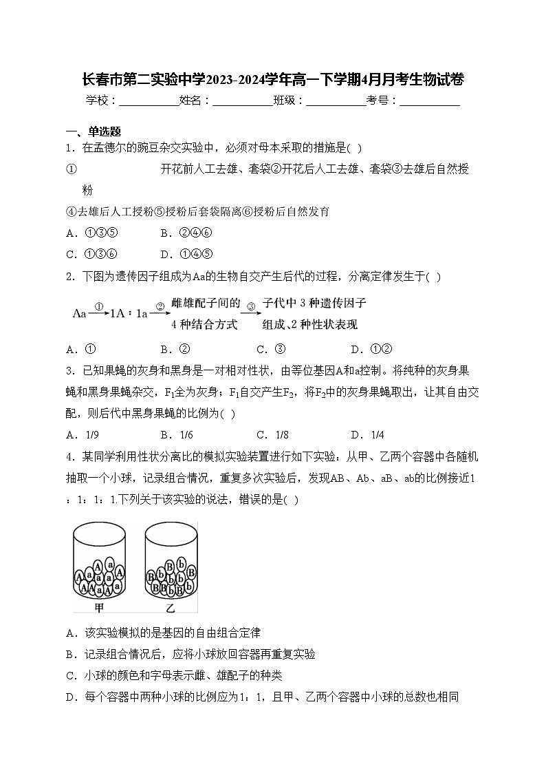 长春市第二实验中学2023-2024学年高一下学期4月月考生物试卷(含答案)第1页