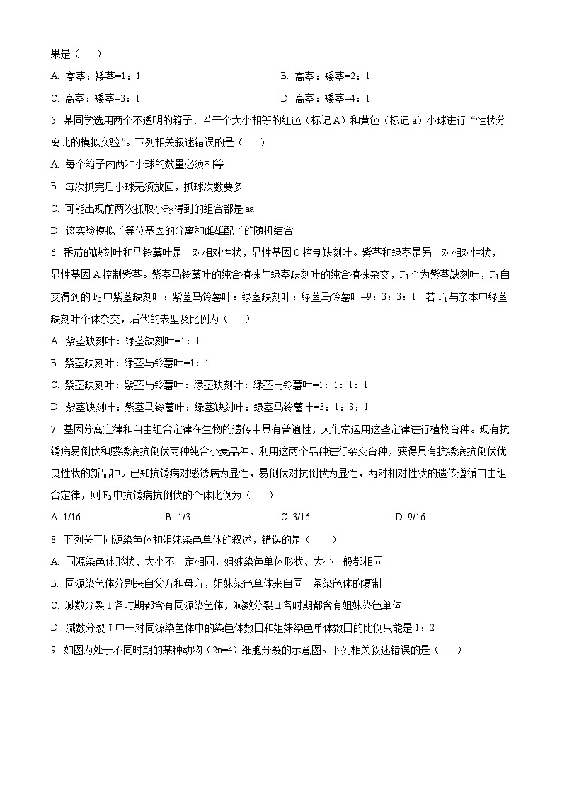 安徽省阜阳市2023-2024学年高一下学期4月月考生物试题 Word版无答案第2页