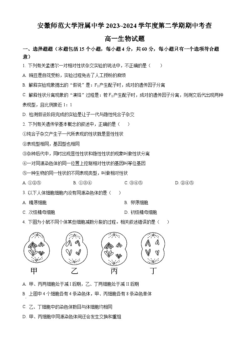 安徽省芜湖市师范大学附属中学2023-2024学年高一下学期4月期中生物试卷（Word版附解析）01