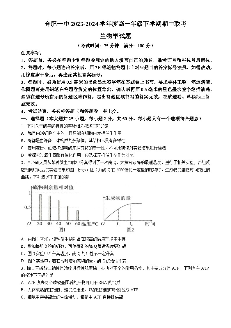 安徽省合肥市第一中学2023-2024学年高一下学期期中考试生物试题(无答案)01