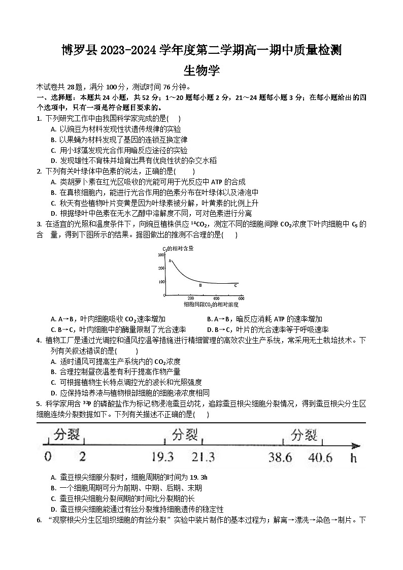 广东省惠州市博罗县2023-2024学年高一下学期5月期中生物试题01
