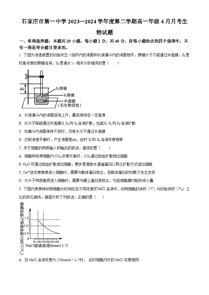河北省石家庄市长安区第一中学2023-2024学年高一下学期4月月考生物试题（原卷版+解析版）01