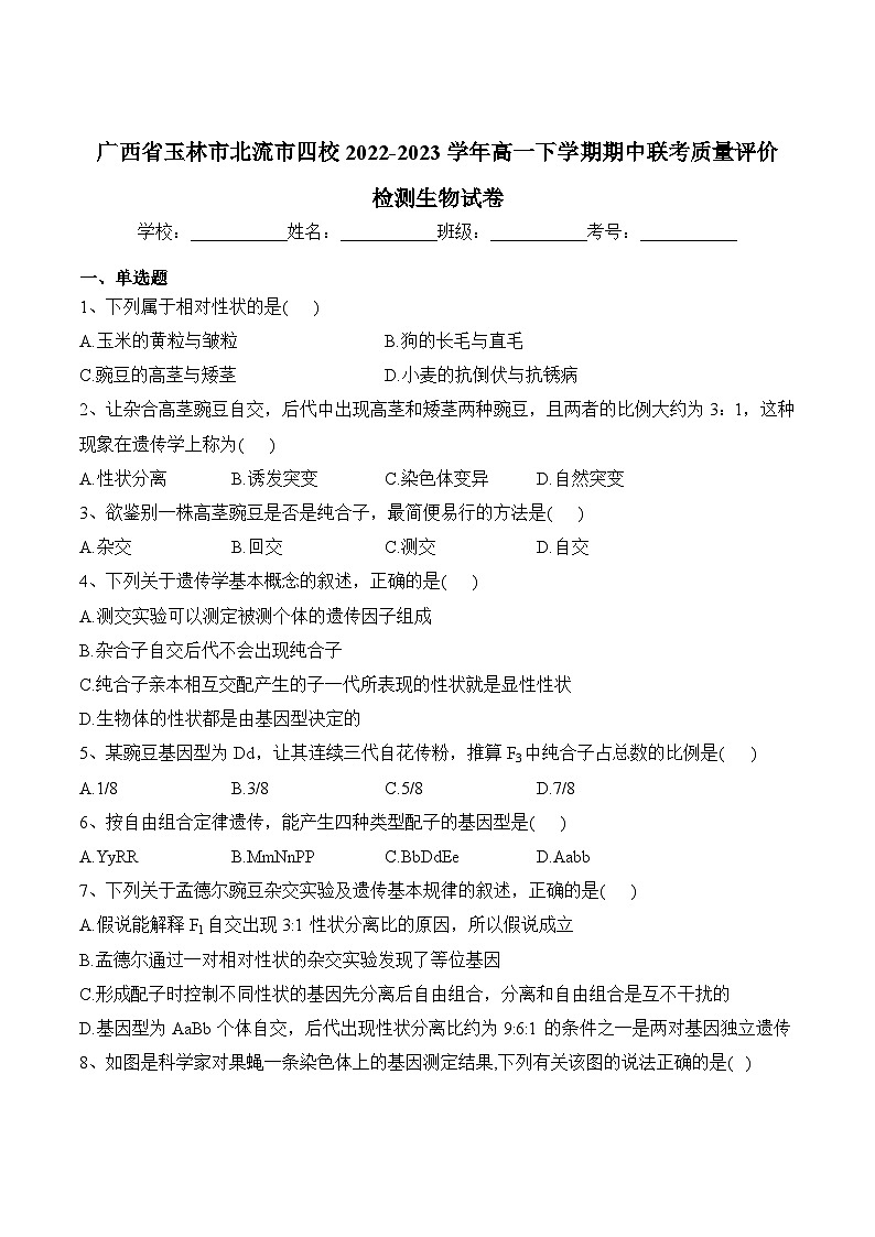 广西玉林市北流市四校2022-2023学年高一下学期期中联考质量评价检测生物试卷01