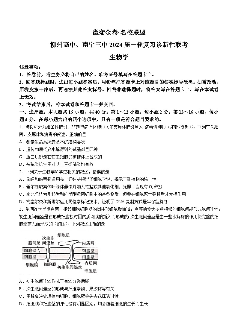 广西壮族自治区柳州高中、南宁三中2023—2024学年高三下学期联考生物试题(无答案)01