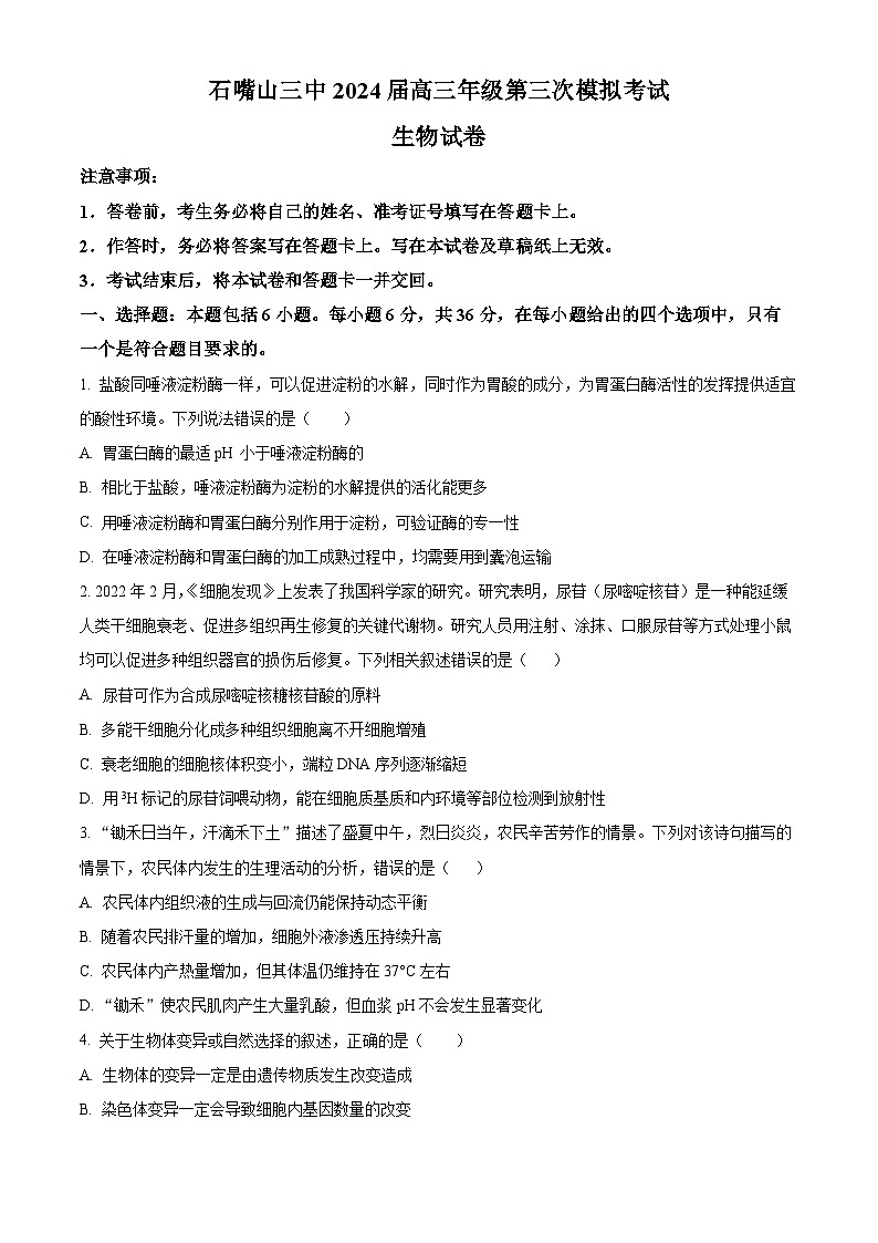 2024届宁夏宁夏石嘴山三中高三三模考试生物试题（原卷版+解析版）01