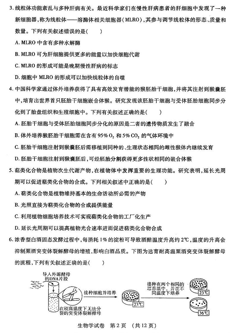东北三省四市教研联合体2024届高三下学期二模试题生物PDF版无答案第2页