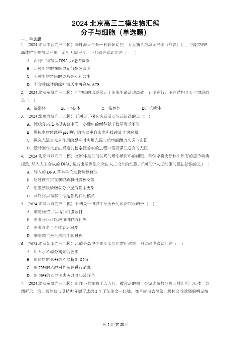 2024北京高三二模生物试题分类汇编：分子与细胞（单选题）01
