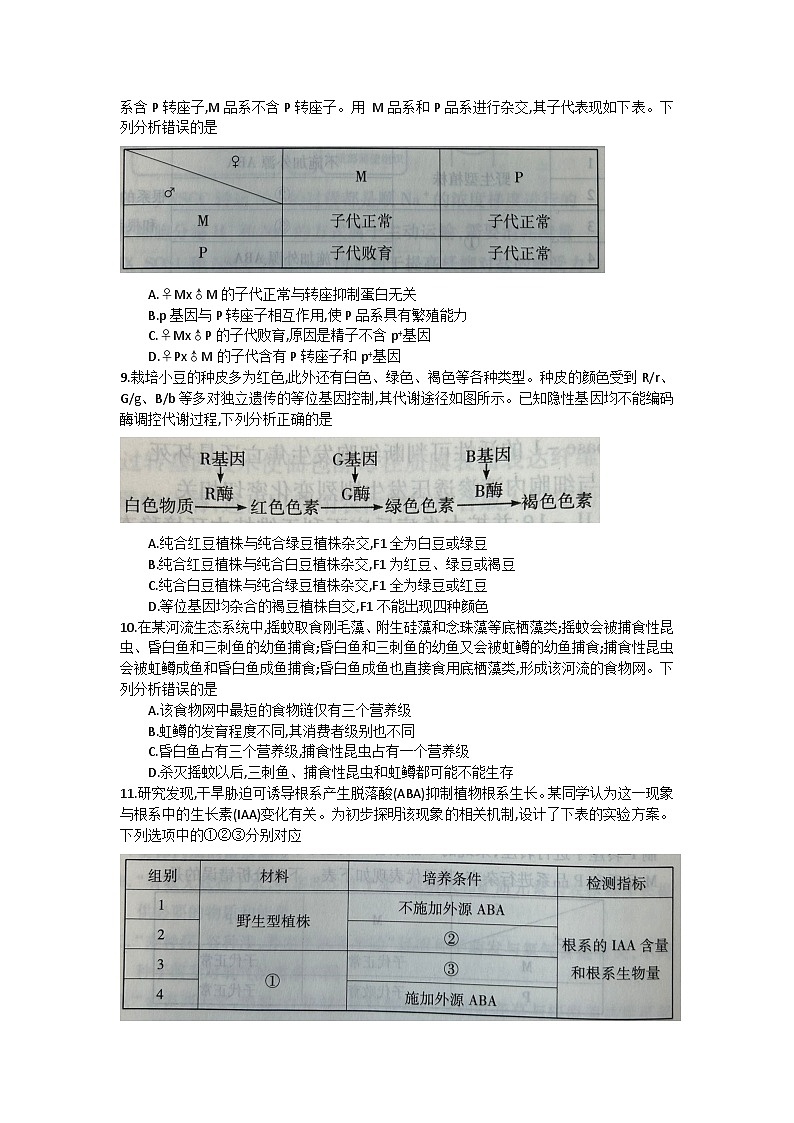 2024怀化高三下学期三模试题生物含答案03
