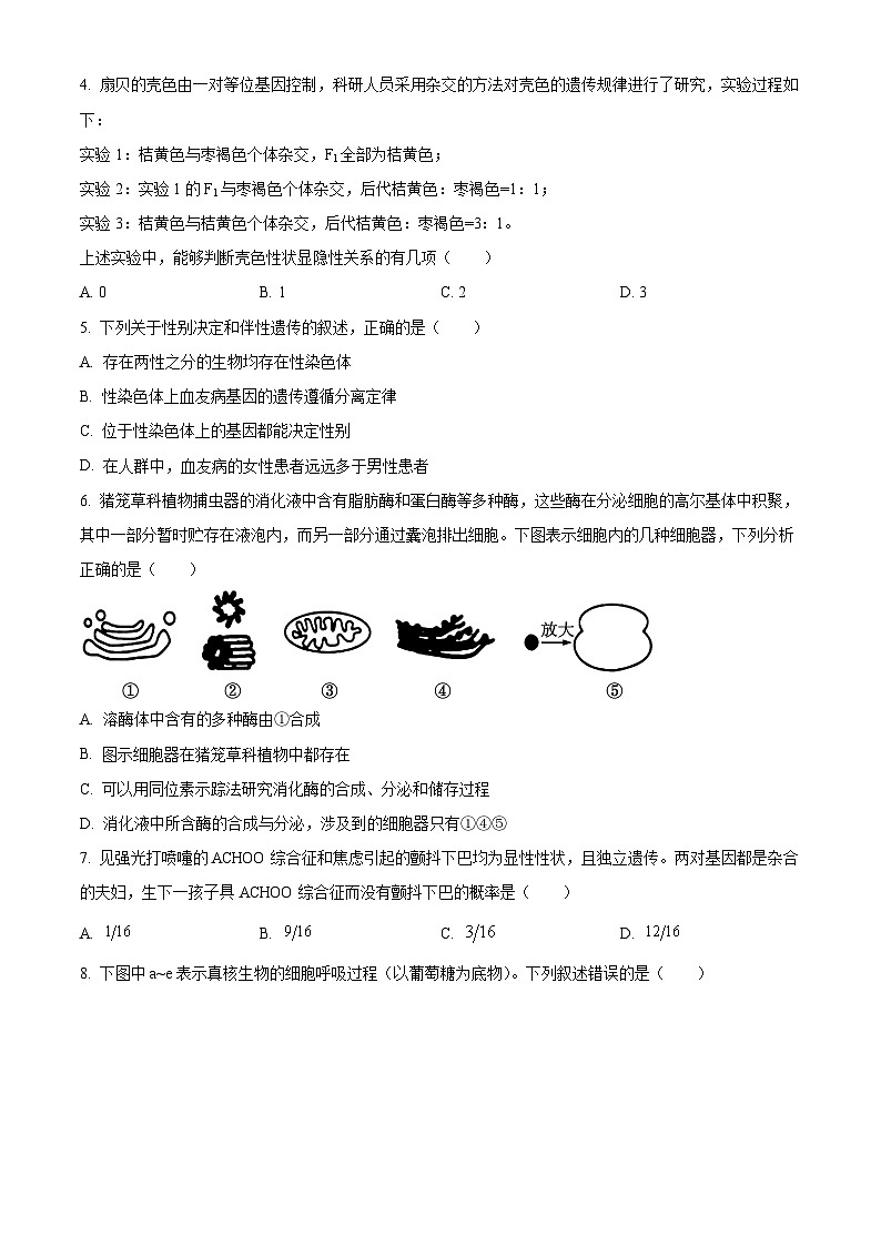 2024浙江省9+1高中联盟高一下学期4月期中考试生物含解析02