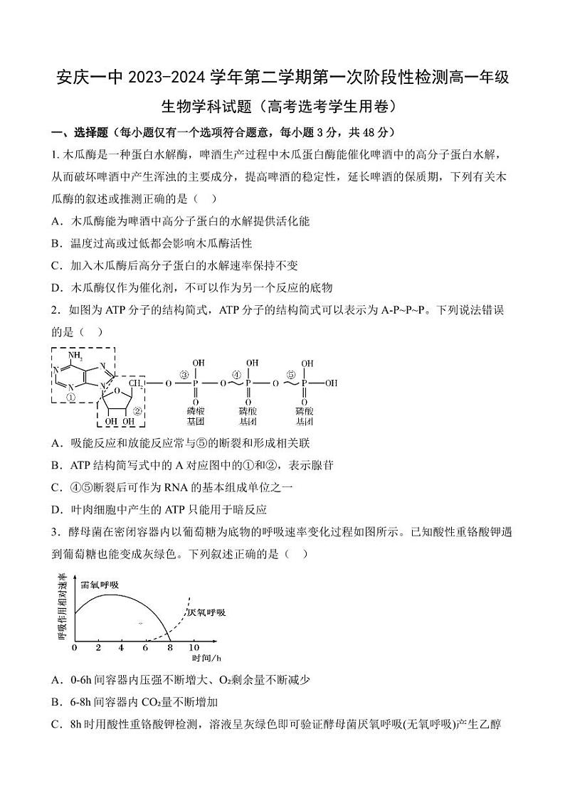 2024安庆一中高一下学期期中考试生物PDF版含答案（可编辑）第1页