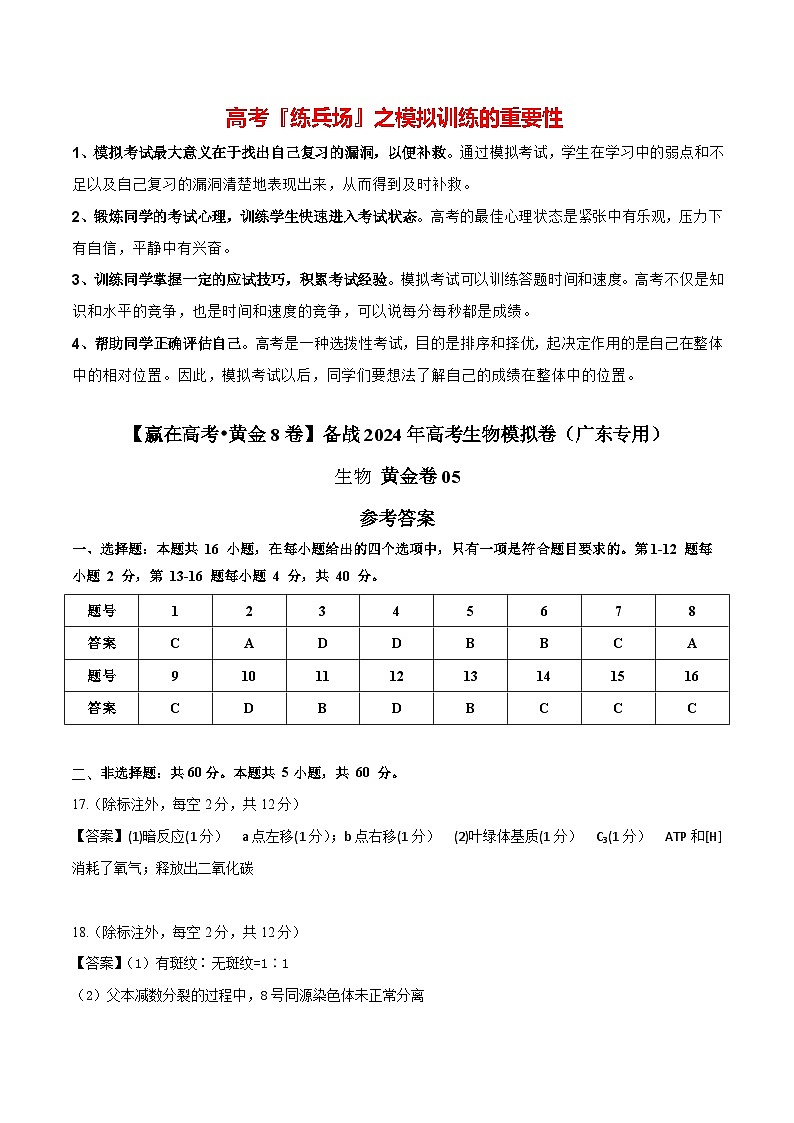 模拟卷05-【赢在高考·模拟8卷】备战2024年高考生物模拟卷（广东专用）01