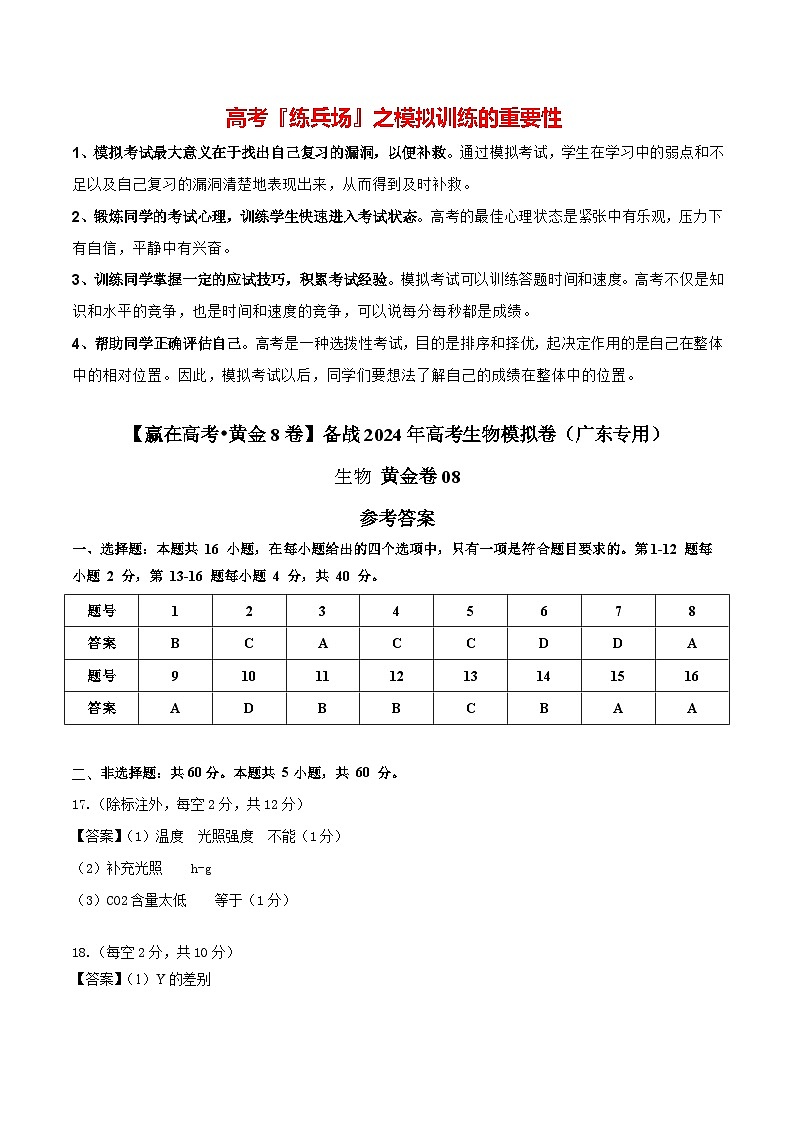 模拟卷08-【赢在高考·黄金8卷】备战2024年高考生物模拟卷（广东专用）01