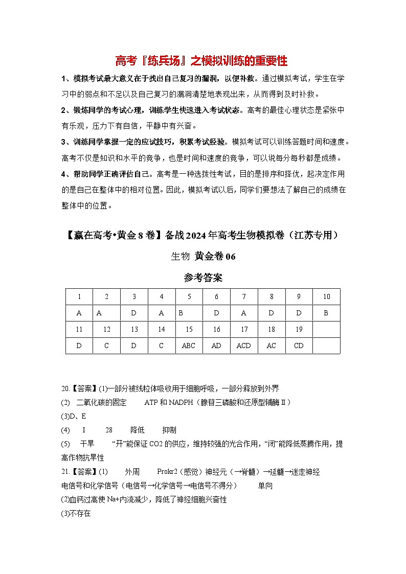 模拟卷06-【赢在高考·模拟8卷】备战2024年高考生物模拟卷（江苏专用）01