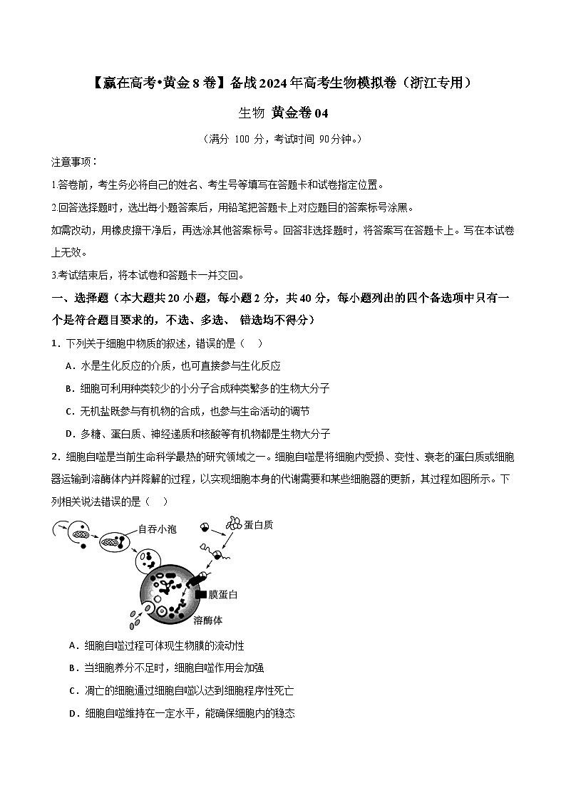 模拟卷04-【赢在高考·模拟8卷】备战2024年高考生物模拟卷（浙江专用）01
