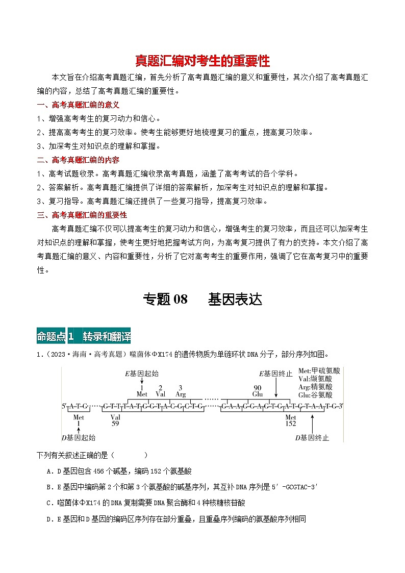专题08 基因表达--三年（2021-2023）高考生物真题分项汇编（全国通用）01