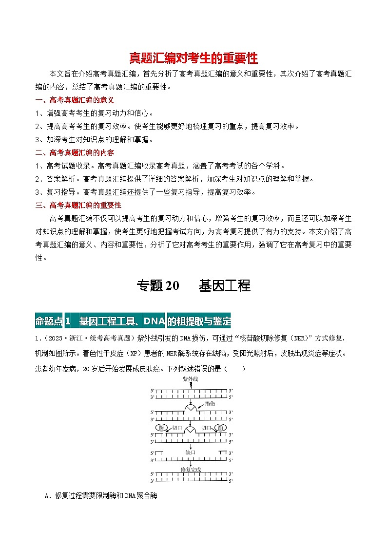 专题20 基因工程--三年（2021-2023）高考生物真题分项汇编（全国通用）01