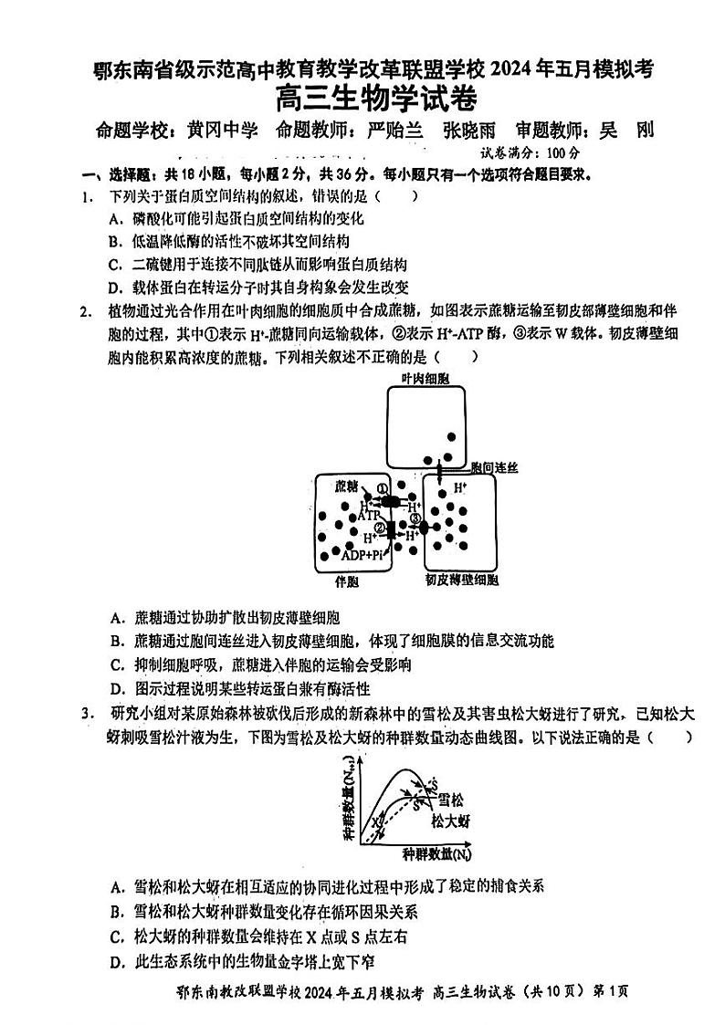 湖北省鄂东南省级示范联盟学校2024届高三下学期5月一模试题 生物 PDF版含答案01