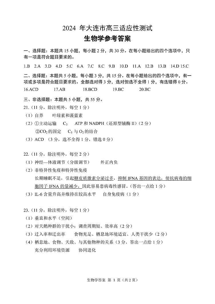辽宁省大连市2024届高三下学期二模试题 生物 PDF版含答案01