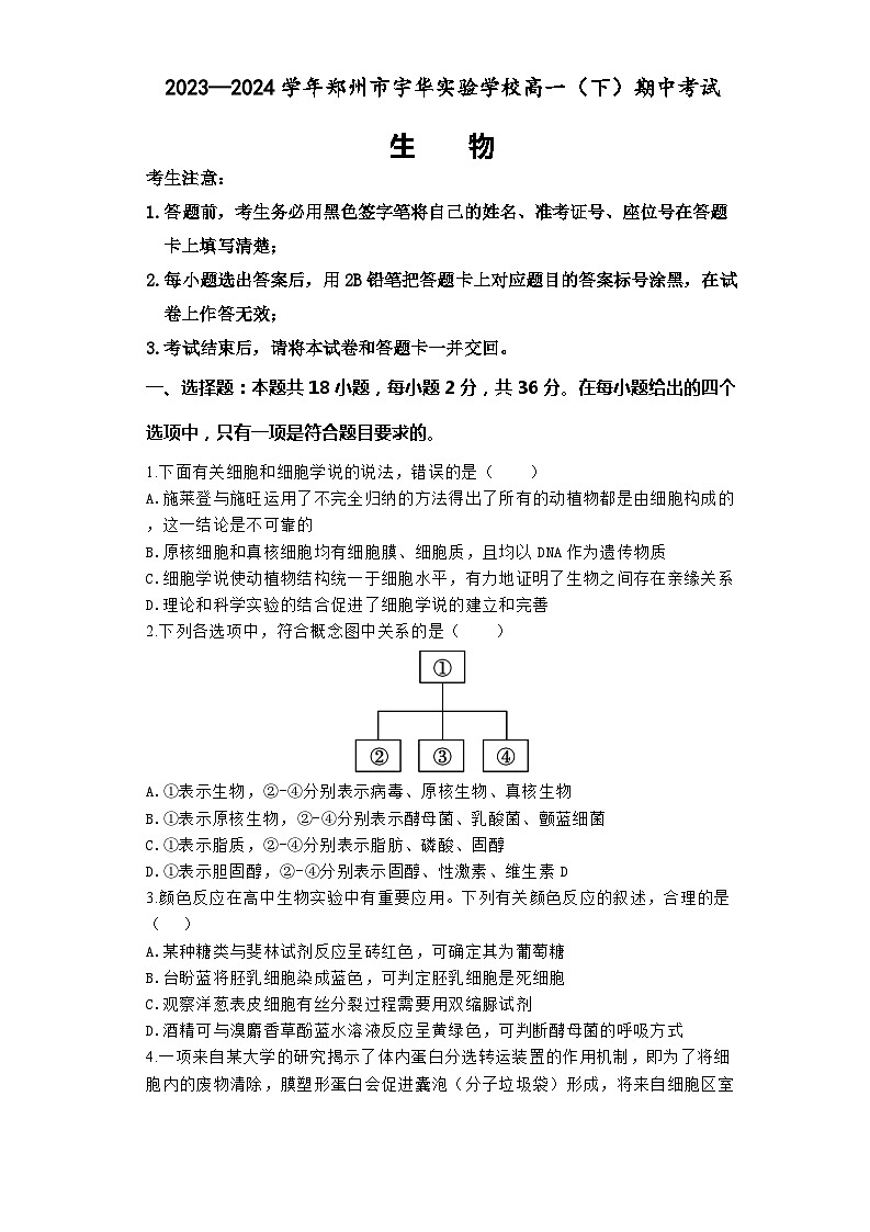 2024郑州宇华实验学校高一下学期4月期中考试生物含解析01