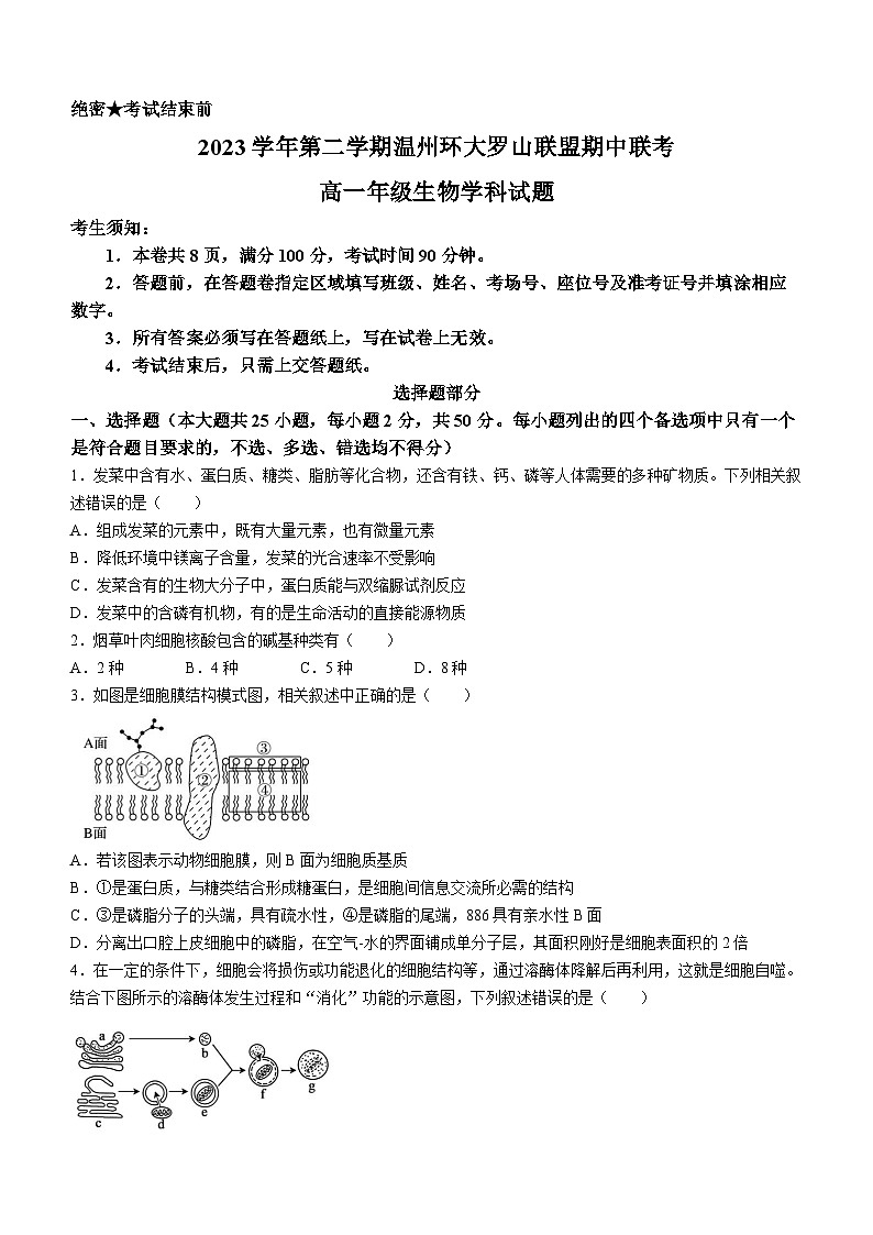 2024浙江省环大罗山联盟高一下学期4月期中考试生物含答案第1页