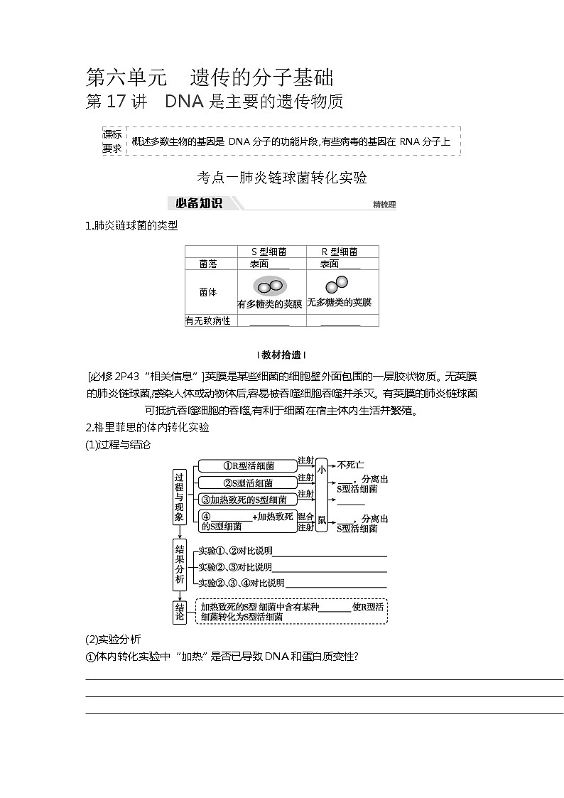 2025届高考 一轮复习  人教版 DNA是主要的遗传物质  学案01