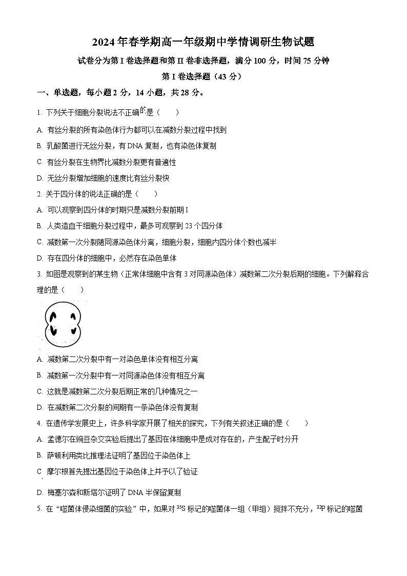 江苏省盐城市阜宁县2023-2024学年高一下学期4月期中生物试题（原卷版+解析版）01