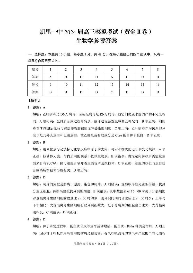 贵州省凯里市第一中学2024届高三下学期三模试题（黄金二卷）生物PDF版含解析01