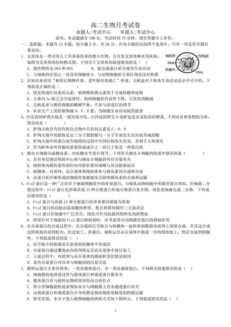 河北省保定市高碑店市崇德实验中学2023-2024学年高二下学期4月月考生物试题（期中）01