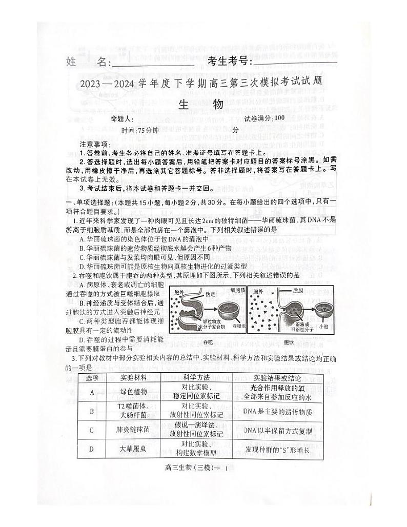 2024届辽宁省沈阳市第二中学高三三模生物试题第1页